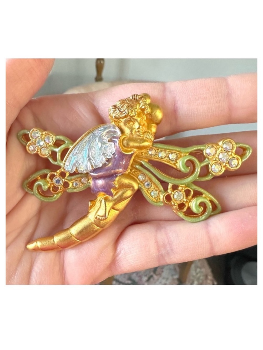 SIGNED KIRKS FOLLY AURORA BOREALIS WOODLAND FAIRY on DRAGONFLY BROOCH ~ 3.25”